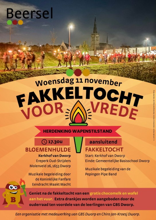 Poster voor de fakkeltocht “Voor Vrede” in Dworp op woensdag 11 november, met herdenking van de wapenstilstand. (vergroot foto)